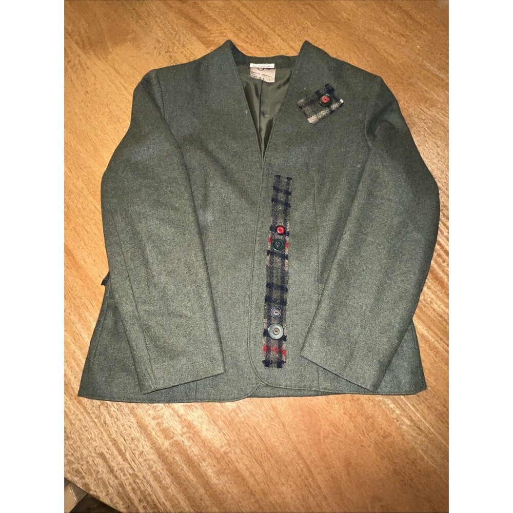 Vtg Tan Jay Womens Tweed Blazer Jacket Olive Green W/ Plaid Detail & Buttons M/L - Picture 15 of 16